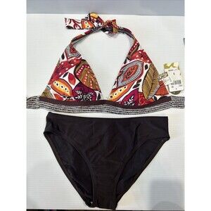 Bambooo Bikini Swim Bathing Suit Polynesian Botanical Brown Orange Small D Cup